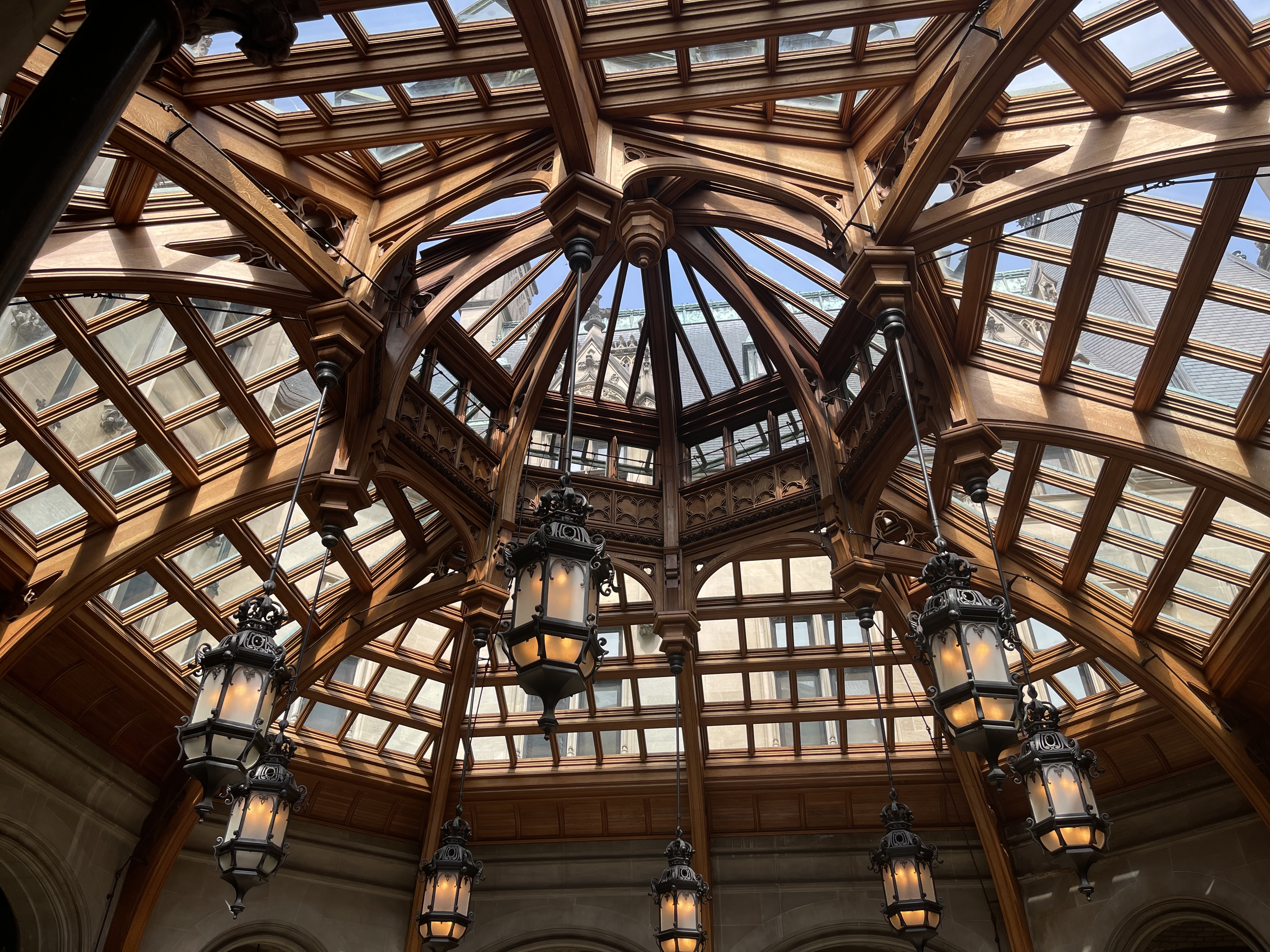 The wood and glass ceiling of the indoor garden at Biltmore House in Asheville, North Carolina