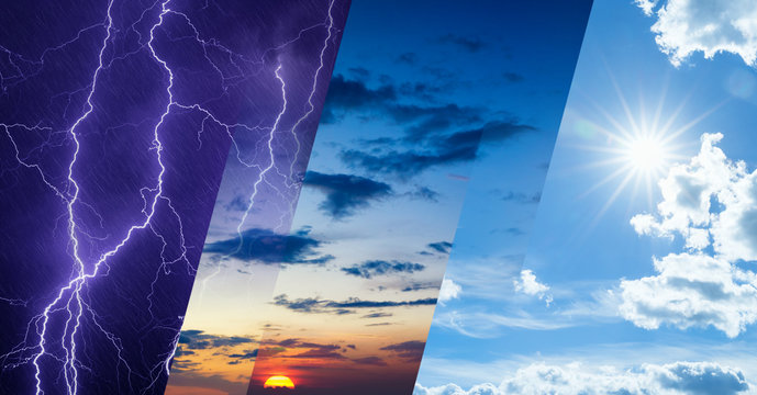 Image shows several different types of weather, from lightning to a beautiful sunset, to afternoon sun and clouds